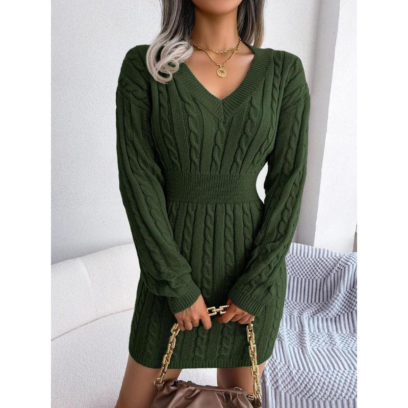 Robe pull en tricot torsadé douillet à col en V pour femme – Robe longue texturée douce à épaules tombantes pour l'automne et l'hiver