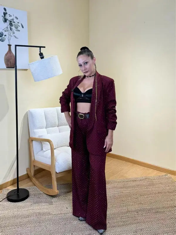 Ensemble veste et pantalon à micro-sequins, ensemble 2 pièces avec ceinture, taille unique femme, élégant et polyvalent