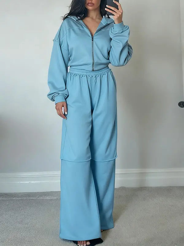 Ensemble deux pièces sweat à capuche zippé uni et pantalon taille élastique pour femme, haut décontracté à manches longues et épaules tombantes et pantalon pour l'automne et l'hiver, vêtements pour femme pour un usage quotidien