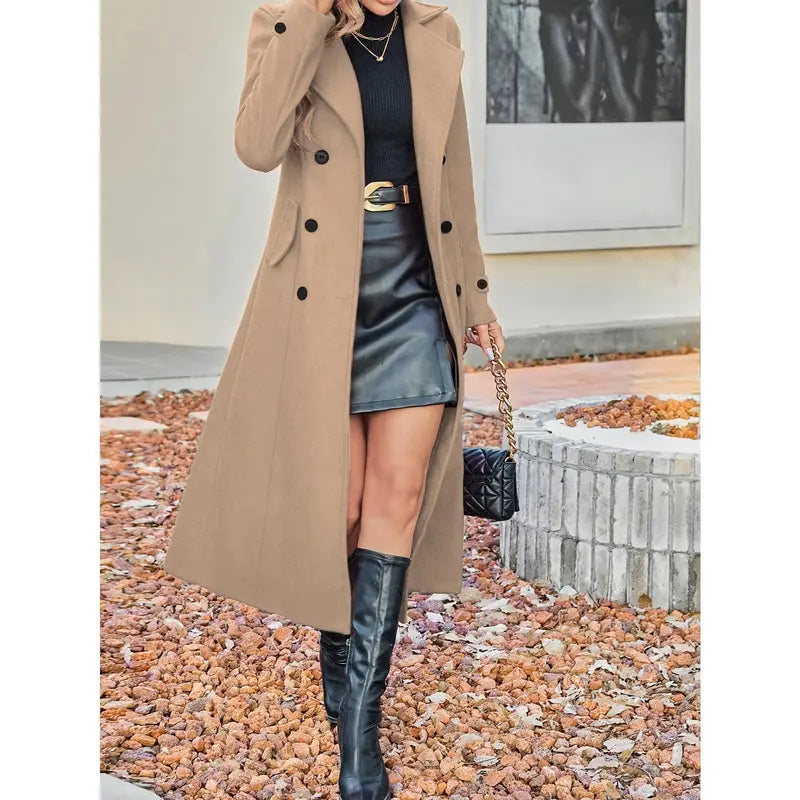 Manteau mi-long en laine mélangée d'hiver pour femme avec revers cranté et double boutonnage, manteau en laine unie à double bouton pour femme, manteau long élégant à manches longues pour femme, gris