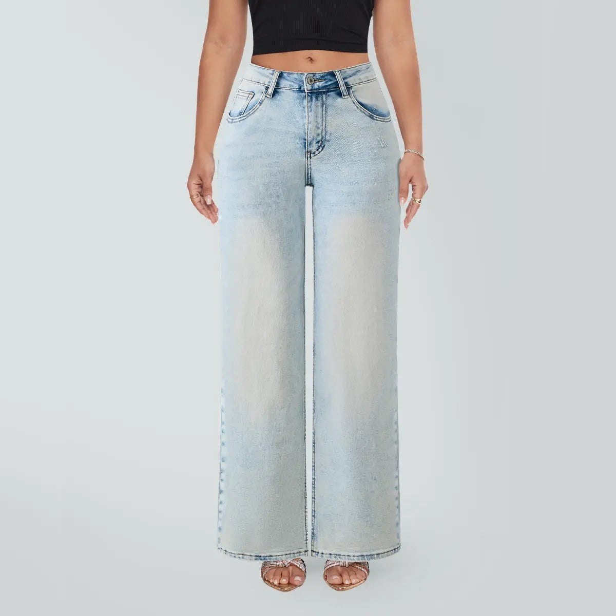 Magic SHAPUM Jean BBL pour femme taille mi-basse, jambe large, coupe ample, confortable, en denim extensible, pantalon noir B en denim extensible, legging ample