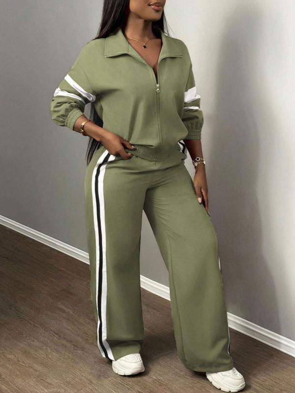 Ensemble Veste Zippée & Pantalon Large Rayé pour Femme, Style Urbain & Décontracté, Costume Deux Pièces pour Usage Quotidien