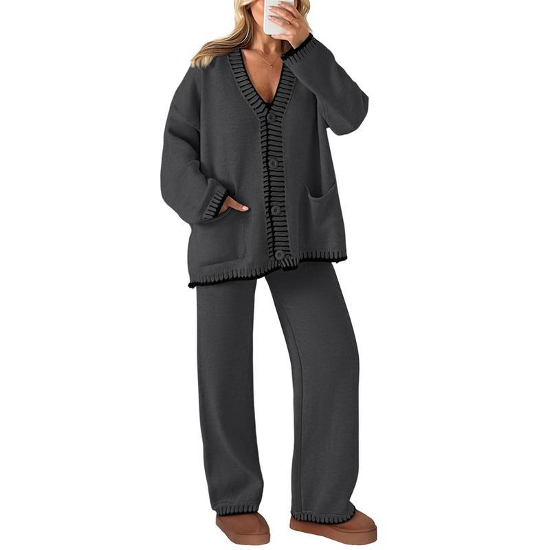 Ensemble 2 pièces tricoté pour femme, tenues d'hiver assorties, loungewear, cardigans à manches longues et col en V, pantalons amples, survêtements