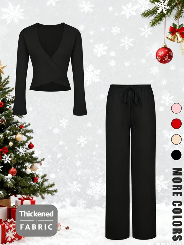 Ensemble sexy haut col en V et pantalon long tendance pour les fêtes de Noël, coupe ajustée, motif uni, style printemps-automne