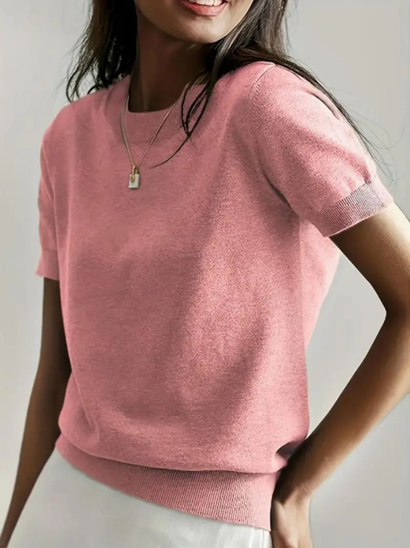 Pull en maille unie à col rond et manches courtes pour femme, tricot basique décontracté pour le printemps et l'automne, vêtements en tricot tendance pour femme pour le quotidien, prêt-à-porter féminin