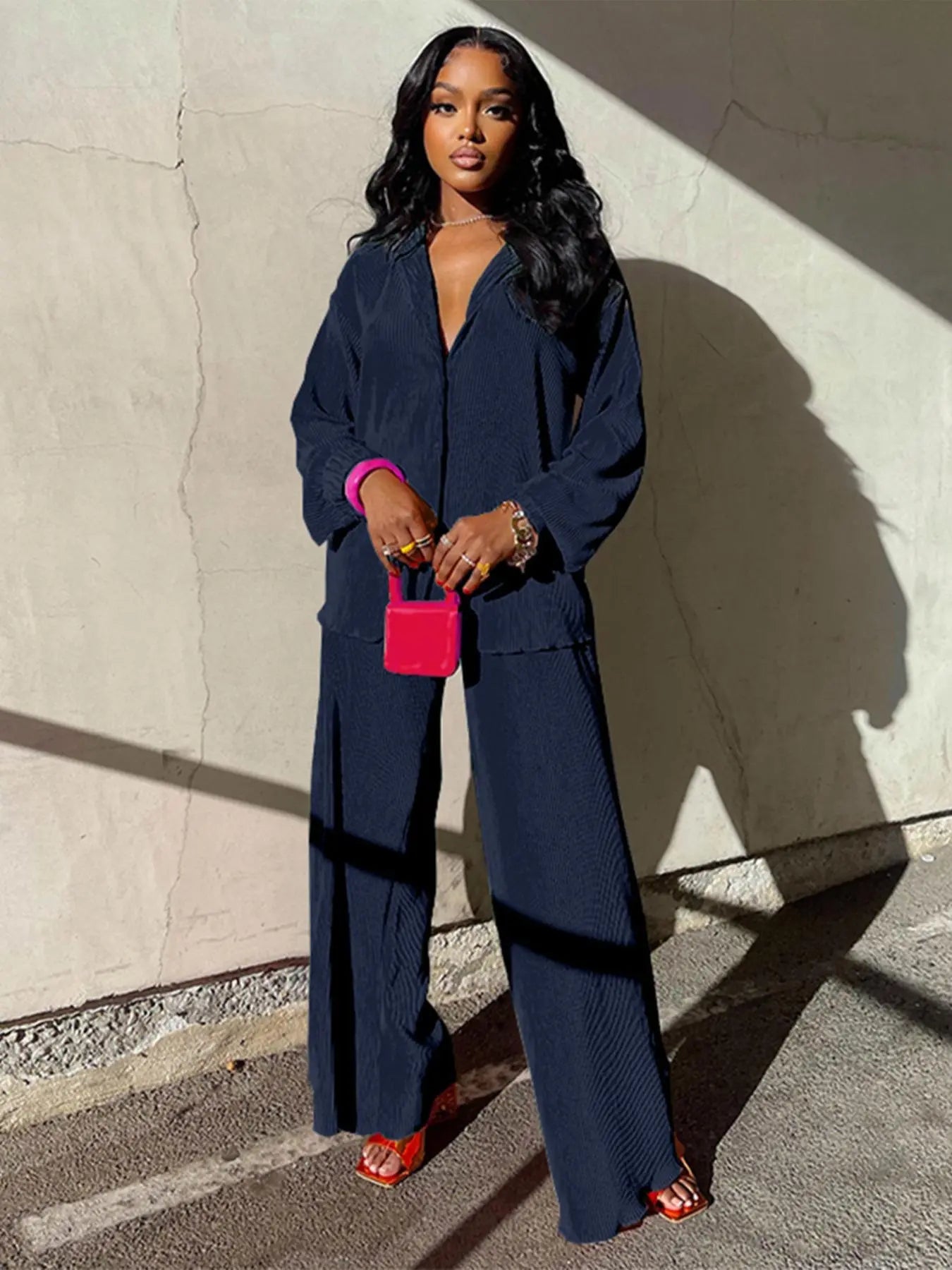 Ensemble deux pièces chemise unie boutonnée et pantalon taille élastique pour femme