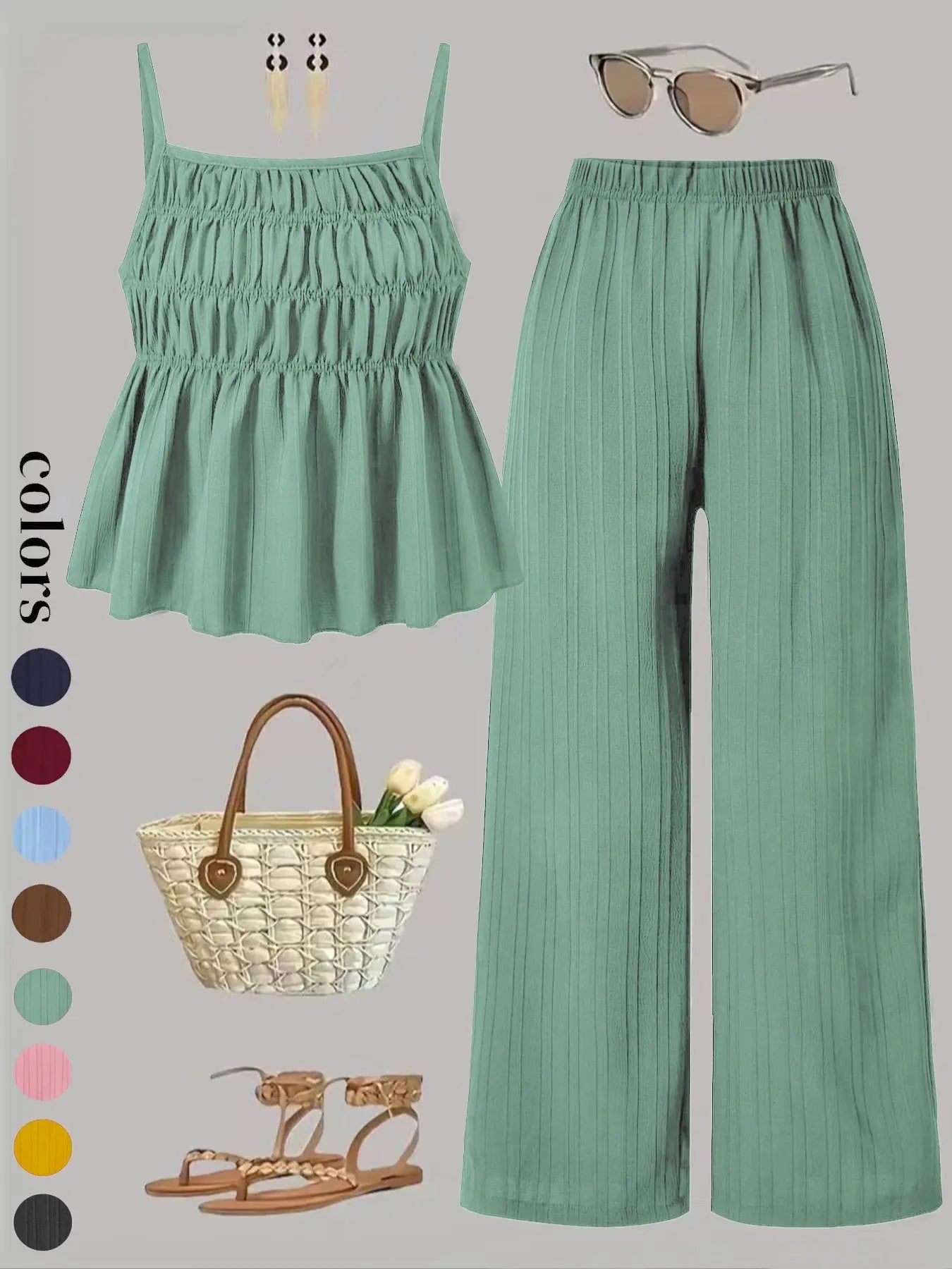 Ensemble deux pièces pour femme, caraco de couleur unie et pantalon large
