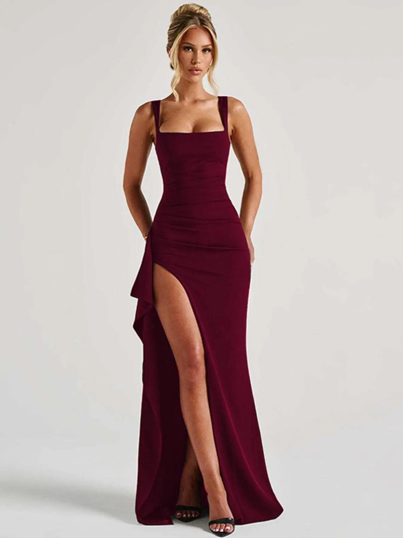 Robe longue fendue unie sans dos pour femme, élégante et sexy sans manches pour soirée, boîte de nuit, rendez-vous, vêtements pour femmes toutes saisons, robe nuisette