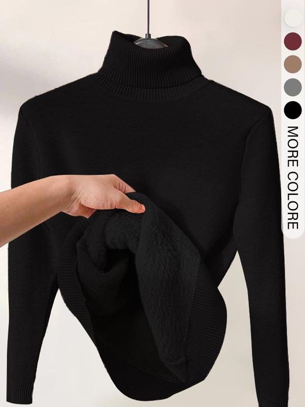 Pull en tricot uni doublé thermiquement à épaules tombantes et col montant pour femmes, pull décontracté à manches longues pour le quotidien en extérieur, haut en tricot pour femmes pour l'automne et l'hiver.