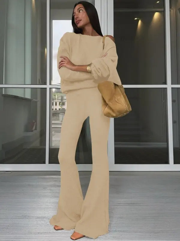 Ensemble haut à col asymétrique uni et pantalon évasé pour femme, haut décontracté à manches longues et épaules tombantes et pantalon, vêtements d'automne et d'hiver pour femme pour un usage quotidien