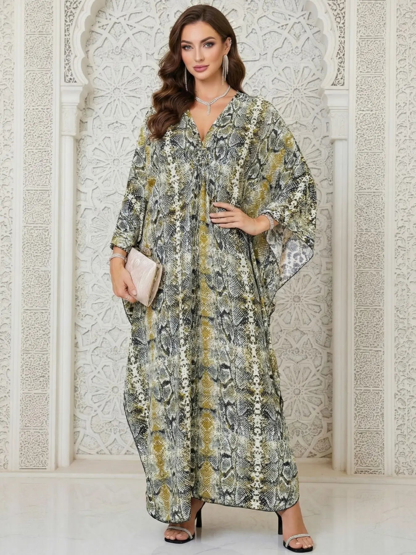 Robe Kaftan fendue à manches chauve-souris et imprimé léopard pour femme, style décontracté et modeste, col en V, manches 3/4, longue robe pour l'automne et l'hiver, vêtements islamiques pour femme pour usage quotidien