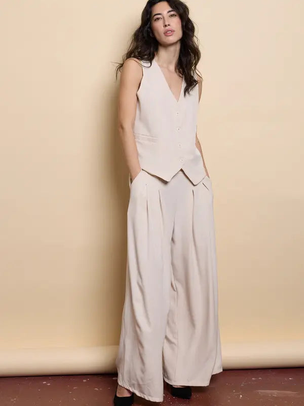 Tailleur pour femme, style décontracté, veste sans manches, pantalon ample