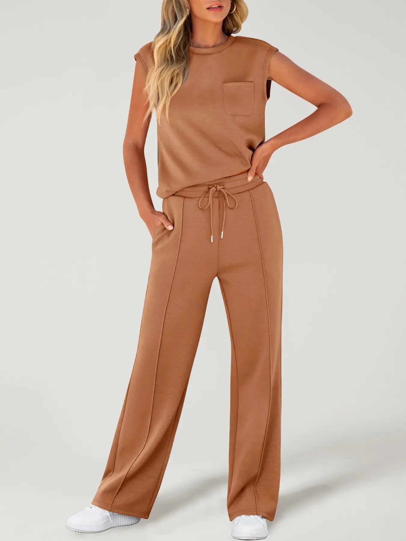 Ensemble deux pièces décontracté pour femme, débardeur uni et pantalon à cordon de serrage, haut sans manches à col rond et pantalon pour un usage quotidien, tenues deux pièces pour femmes toutes saisons