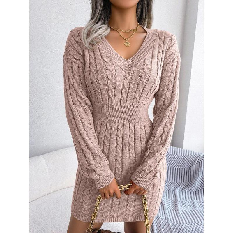 Robe pull en tricot torsadé douillet à col en V pour femme – Robe longue texturée douce à épaules tombantes pour l'automne et l'hiver