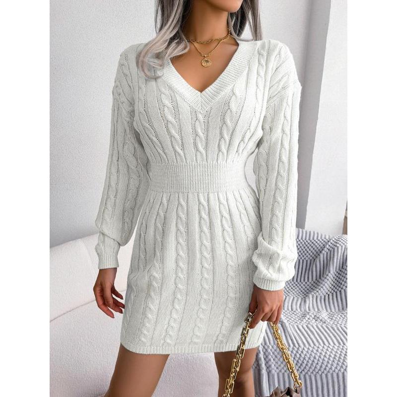 Robe pull en tricot torsadé douillet à col en V pour femme – Robe longue texturée douce à épaules tombantes pour l'automne et l'hiver
