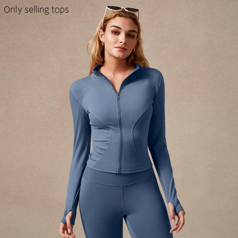 Veste de sport zippée à manches longues pour femme, coupe ajustée, tissu extensible à séchage rapide avec trous pour les pouces, pour la course, le yoga, la gym, tenues d'entraînement, vêtements de sport.