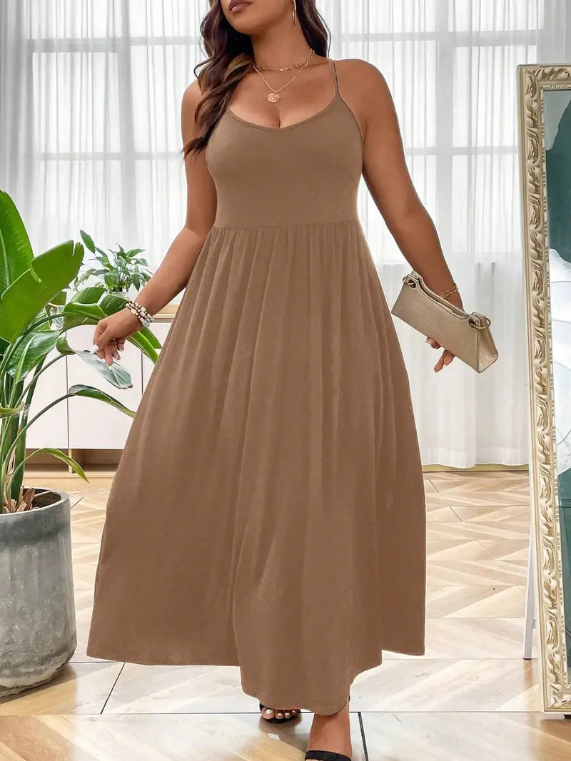Robe Caraco Grande Taille sans Dos et Croisée, Robe trapèze décontractée unie sans manches à fines bretelles pour l'été, Vêtements pour femmes pour fête et vacances