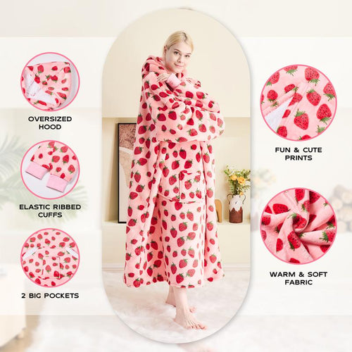 Couverture à capuche portable Surdimensionnée en polaire sherpa avec manches, couverture sweat à capuche douillette et géante extra longue pour adultes femmes cadeau d'hiver (Fraise)