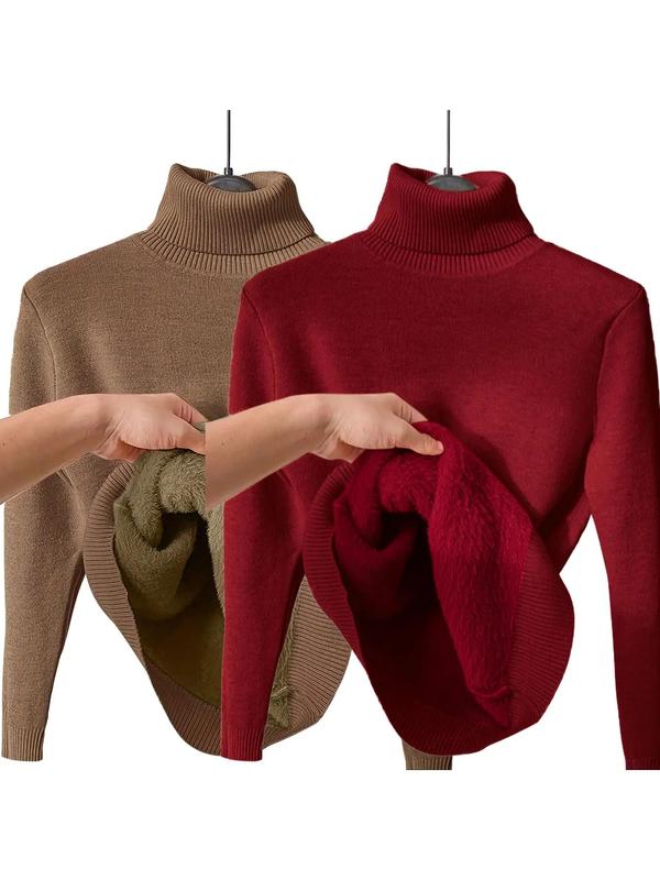Pull en tricot uni doublé thermiquement à épaules tombantes et col montant pour femmes, pull décontracté à manches longues pour le quotidien en extérieur, haut en tricot pour femmes pour l'automne et l'hiver.
