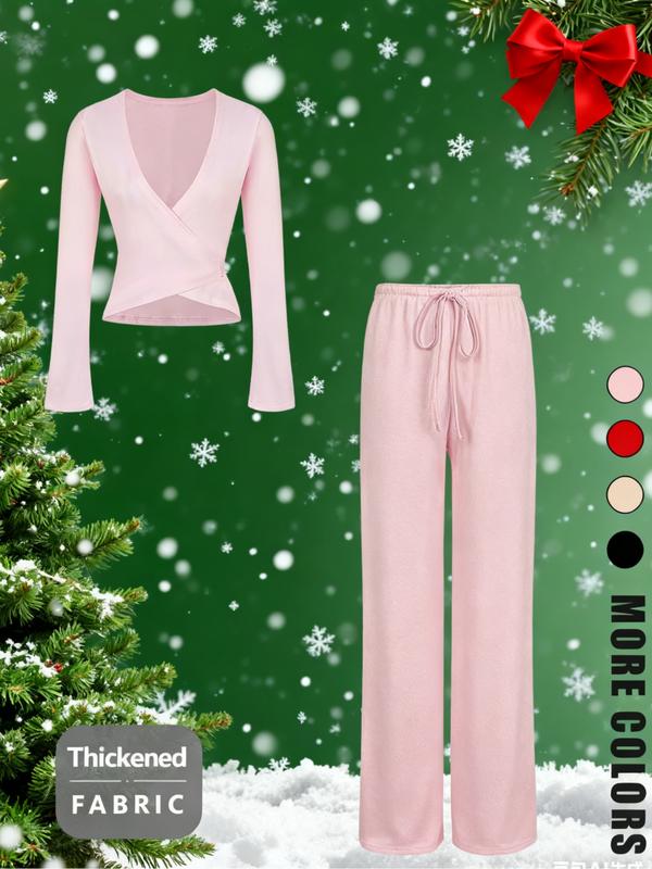 Ensemble sexy haut col en V et pantalon long tendance pour les fêtes de Noël, coupe ajustée, motif uni, style printemps-automne