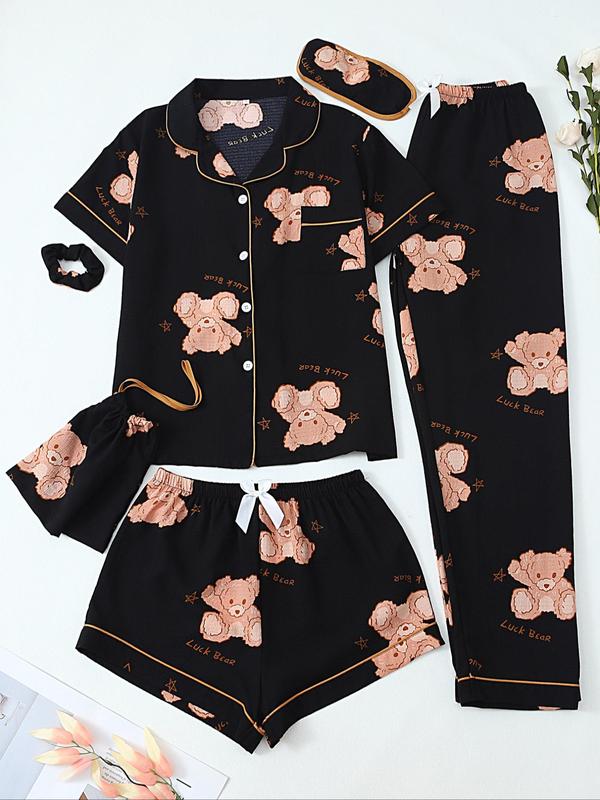 Ensemble de pyjama pour femme avec haut, short, pantalon et accessoires imprimés, ensemble de pyjama décontracté et confortable, vêtements de nuit pour femmes pour toutes les saisons
