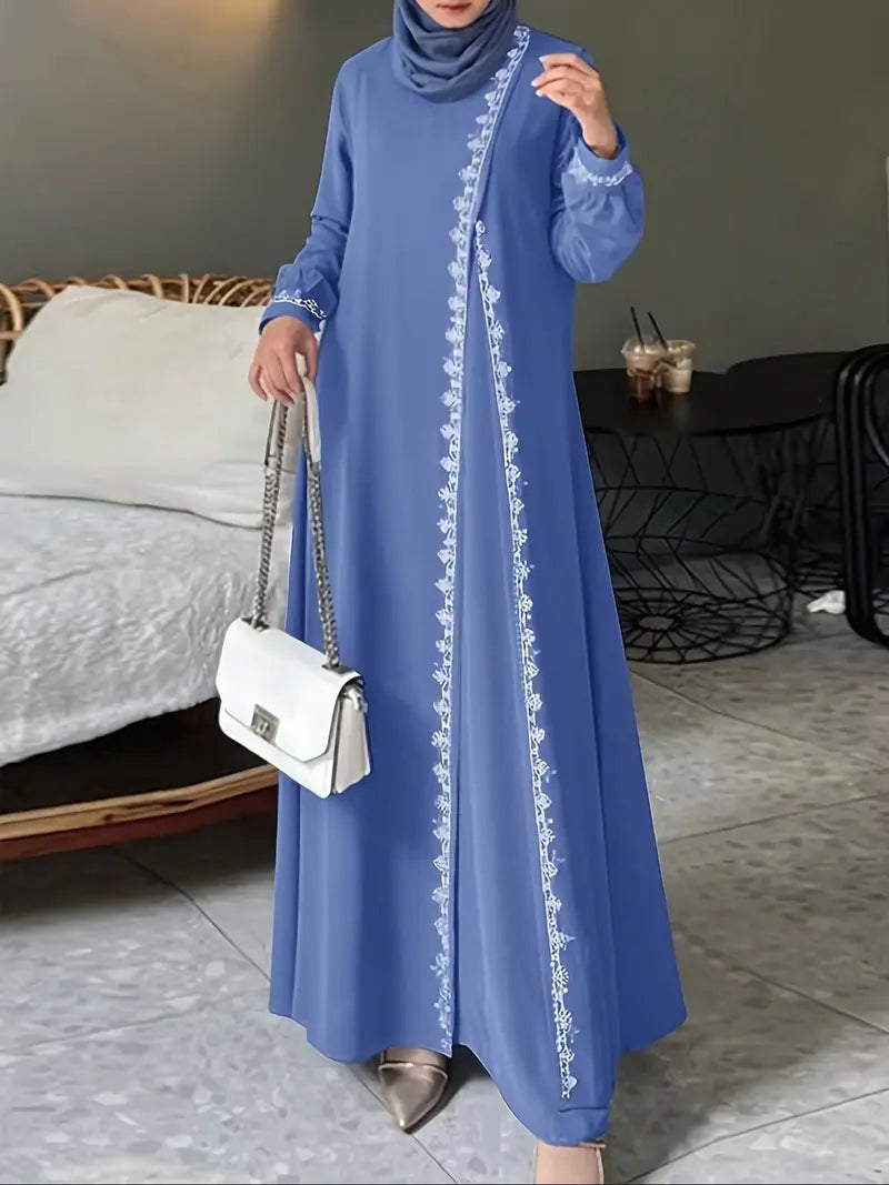 Robe décontractée à manches longues et col rond pour femme, couleur unie, style élégant avec garniture en dentelle, parfaite pour le quotidien et les occasions spéciales.