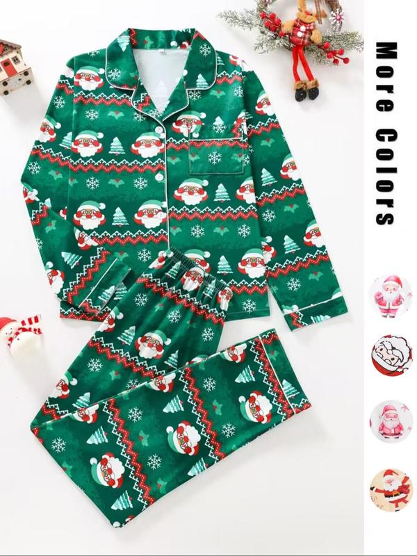 Ensemble deux pièces de pyjama pour femme, imprimé de Noël, avec chemise boutonnée à poche et pantalon à taille élastique, pyjama décontracté et confortable avec haut à manches longues et col, ensemble de pyjama pour femme, pour le printemps et l'automne