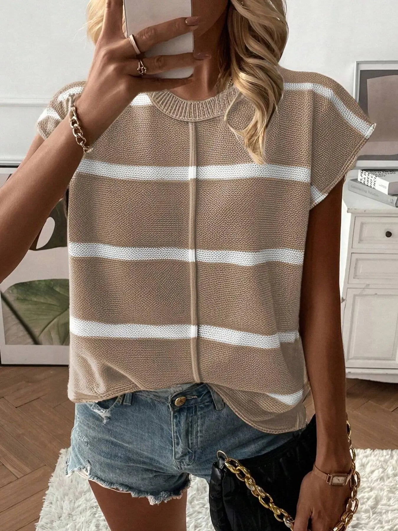 Gilet pull femme de couleur unie, haut tricoté décontracté à col rond pour l'été, tricot femme tendance pour le quotidien