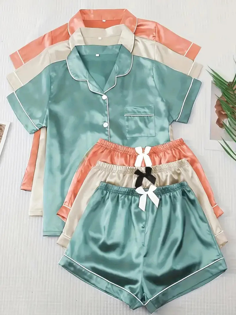 Ensemble de pyjama pour femme de couleur unie avec nœud contrastant, chemise à manches courtes boutonnée avec col à revers et short, pyjama d'été pour femme et vêtements de détente