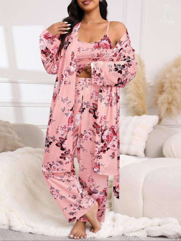 [Grande Taille] Ensemble Trois Pièces Kimono Long Imprimé Fleuri avec Ceinture, Caraco et Pantalon à Taille Élastique