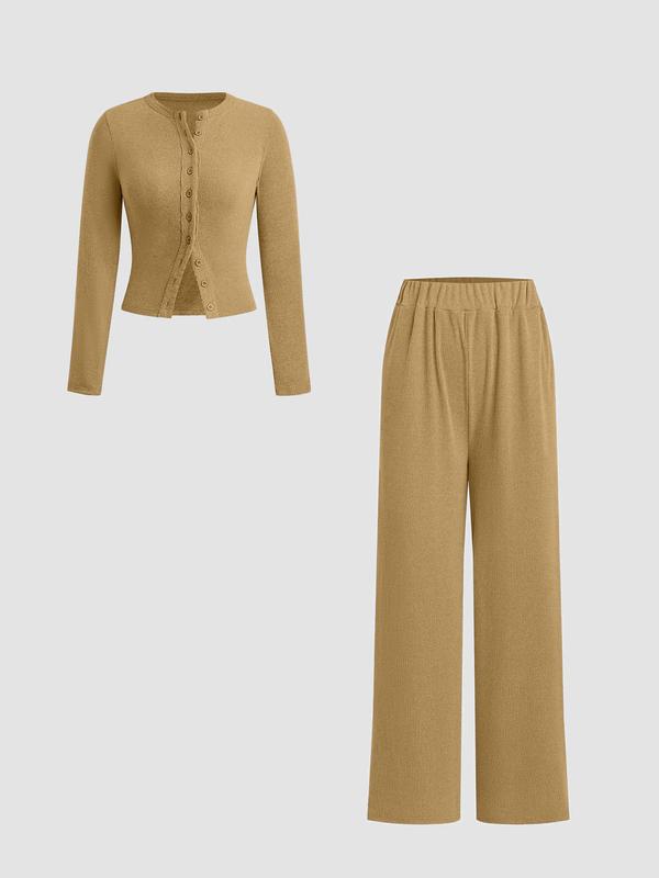 Ensemble deux pièces décontracté femme, haut à manches longues et col rond coupe slim et pantalon, motif uni, tissu modéré, automne-hiver