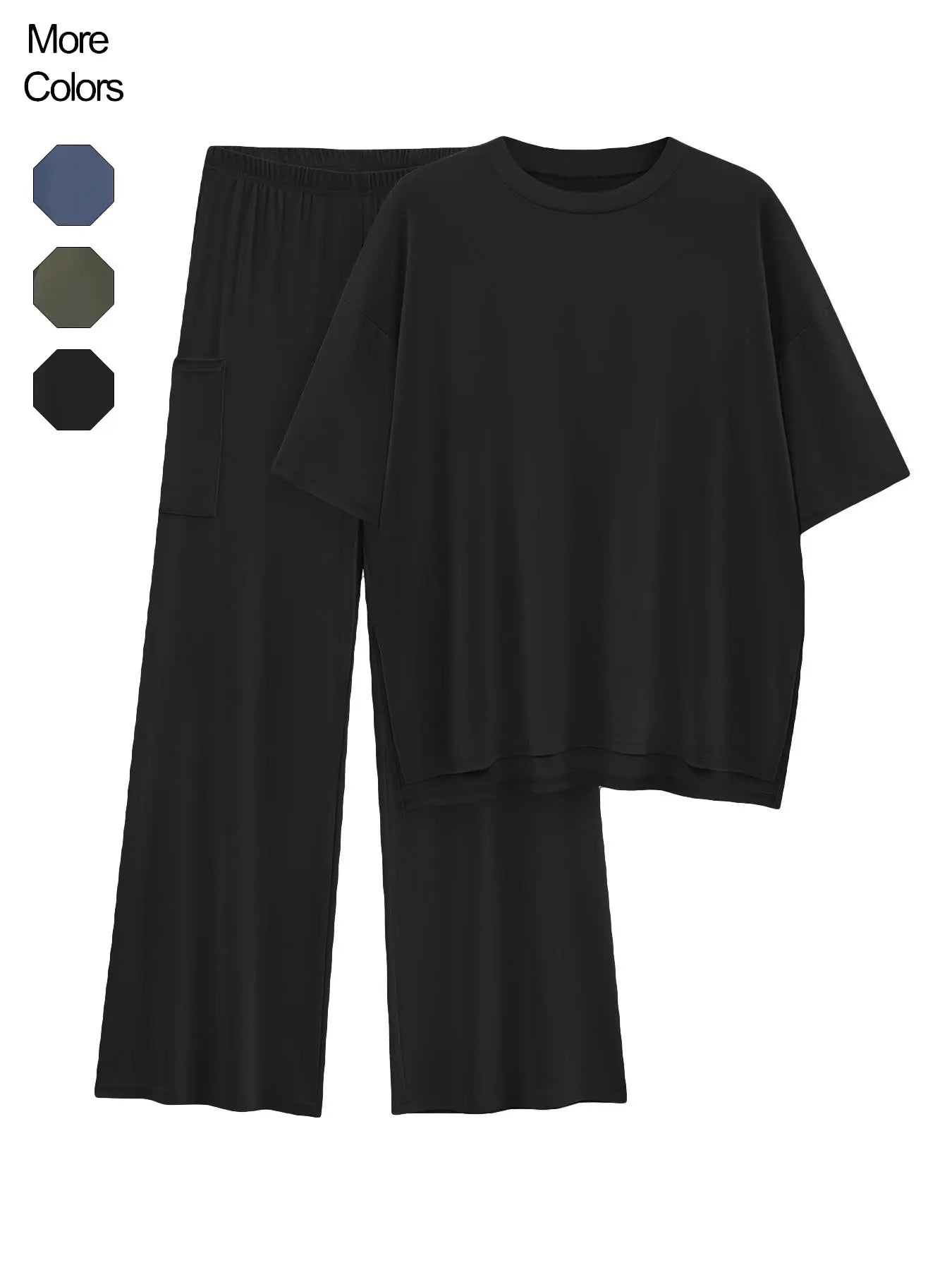 Ensemble deux pièces T-shirt uni à épaules tombantes et pantalon à taille élastique pour femme