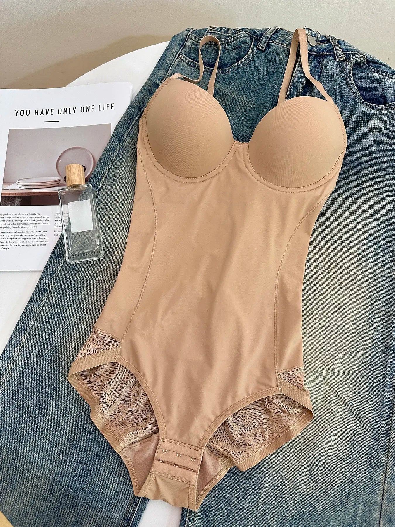 Women's Deep V Patchwork Ruched Slimming Bodysuit Set XS-Xxl, Casual All Season Underwear & Lingerie, Contrast Lace Design