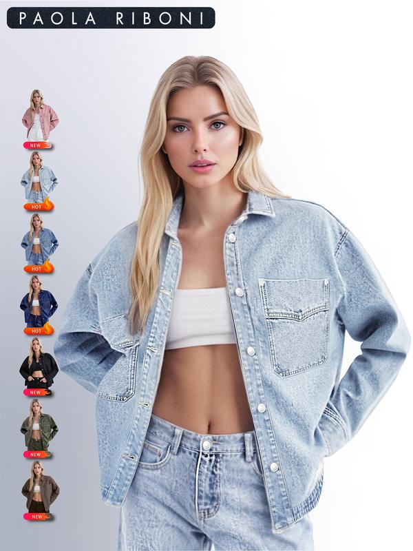 Veste en jean unie pour femme avec boutonnage sur le devant, épaules tombantes et ourlet incurvé, vêtement décontracté à manches longues avec poches et col, idéal pour le quotidien, vêtement pour femme toutes saisons