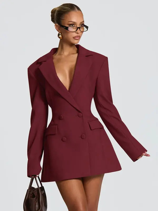 Robe tailleur élégante pour femme, col en V profond, manches longues, taille volantée cintrée, tenue de bureau printemps et automne, style simple