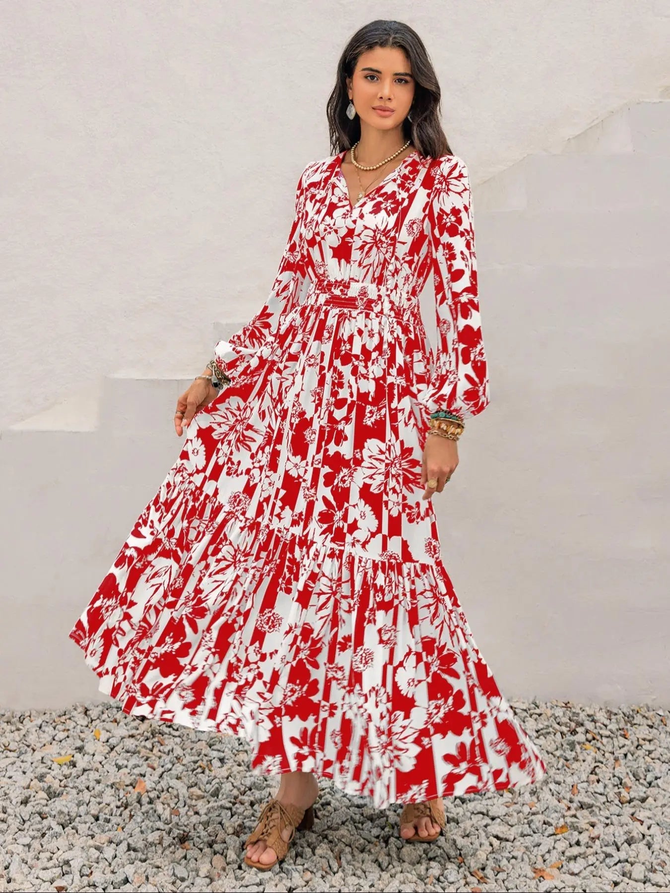 Robe bohème à imprimé floral pour femme, manches lanternes, taille ajustée à nouer, coupe ample confortable à manches longues pour l'automne et l'hiver