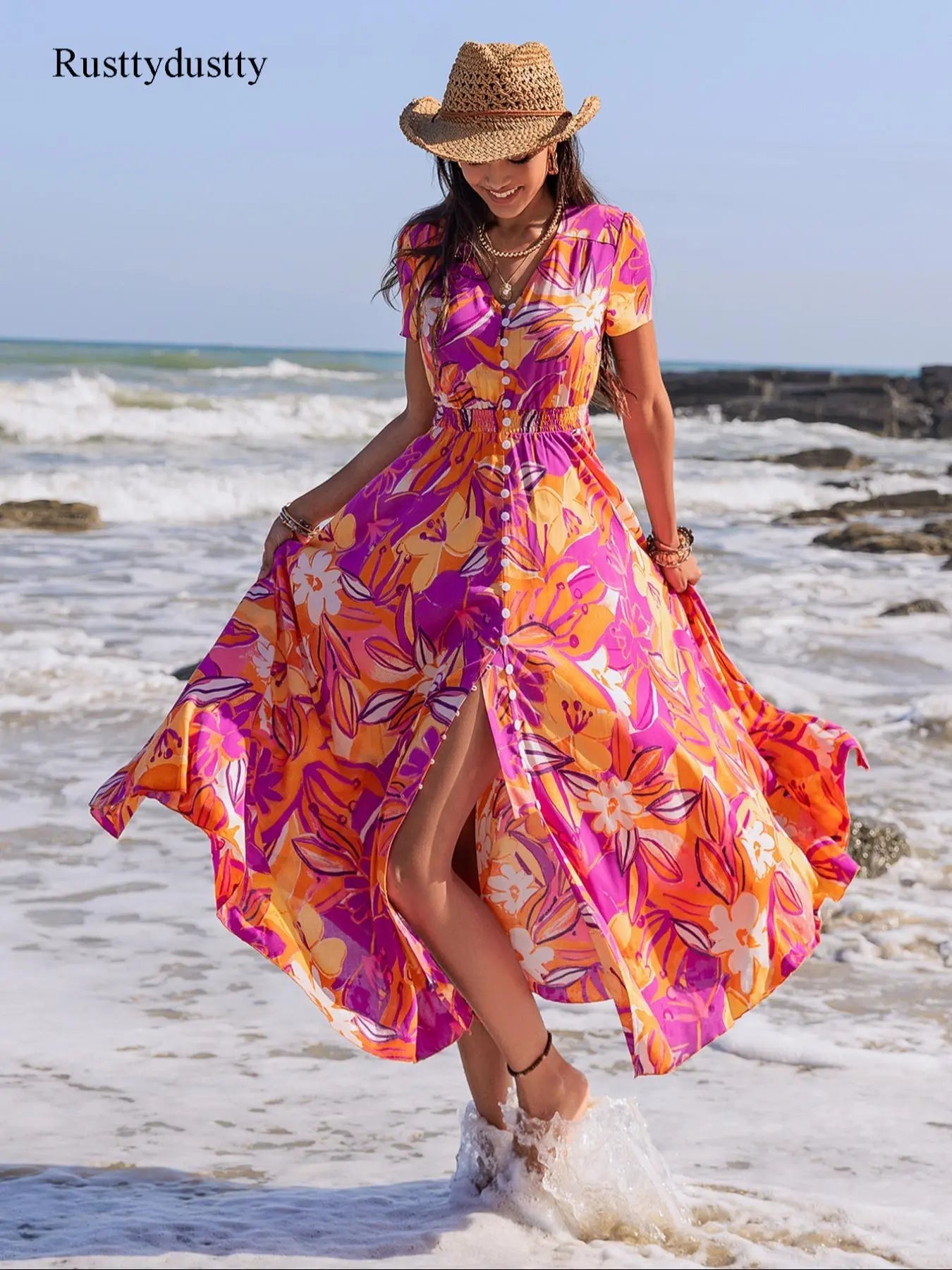 Robe Bohemienne Femme à Imprimé Floral avec Boutons, Robe Décontractée à Manches Courtes et Col en V avec Poches, Robe Bohème Chic pour Vacances d'Été à la Plage
