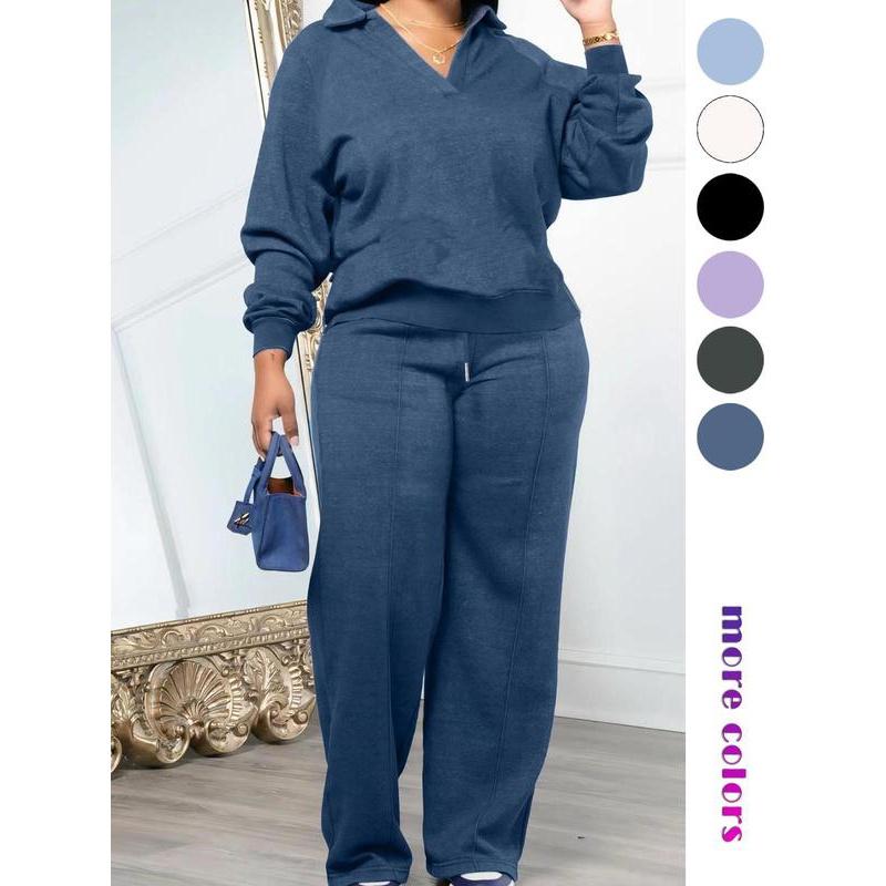 Ensemble de survêtement uni à manches longues et pantalon taille coulissée pour femme, tenue deux pièces décontractée et confortable pour le quotidien et l'extérieur, vêtements pour femme pour toutes les saisons