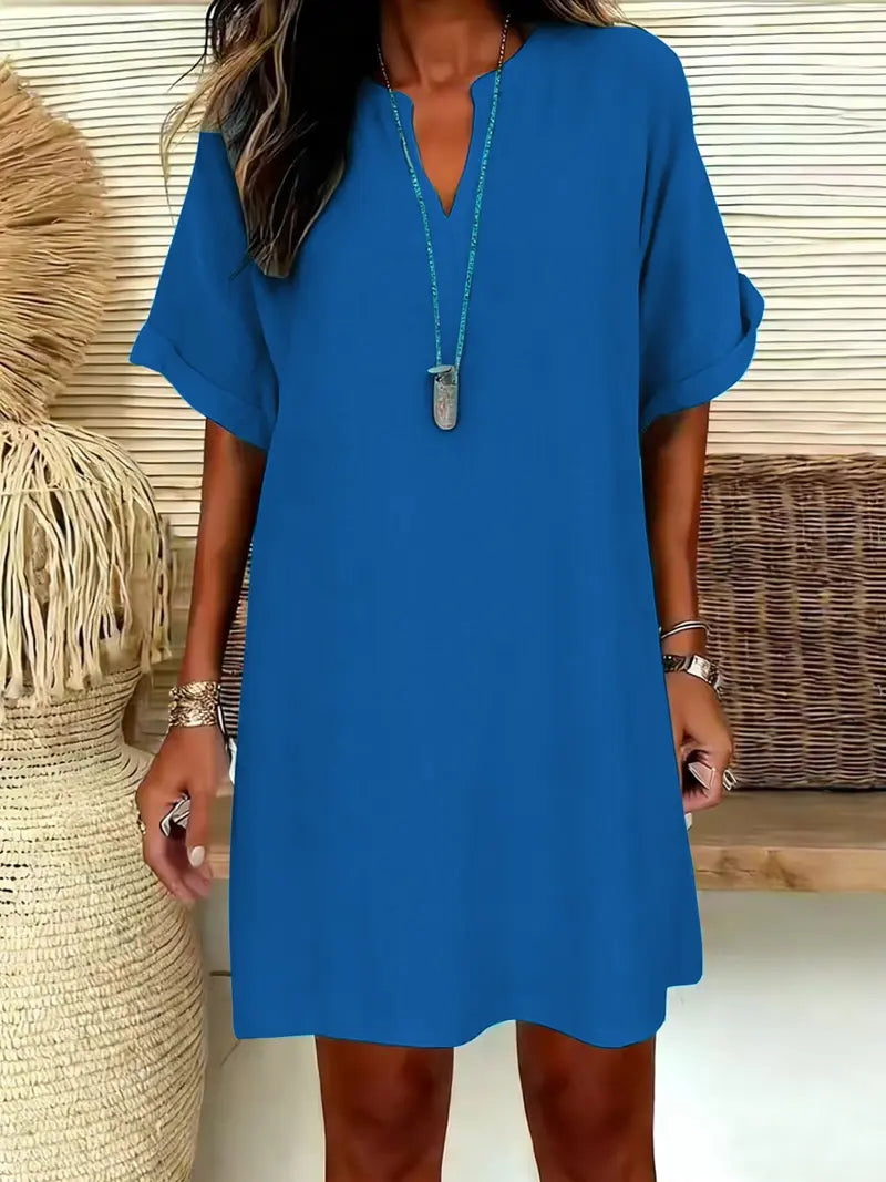 Robe midi unie à encolure crantée et manches courtes pour femme, robe trapèze décontractée chic à épaules tombantes pour l'été, robe confortable et élégante