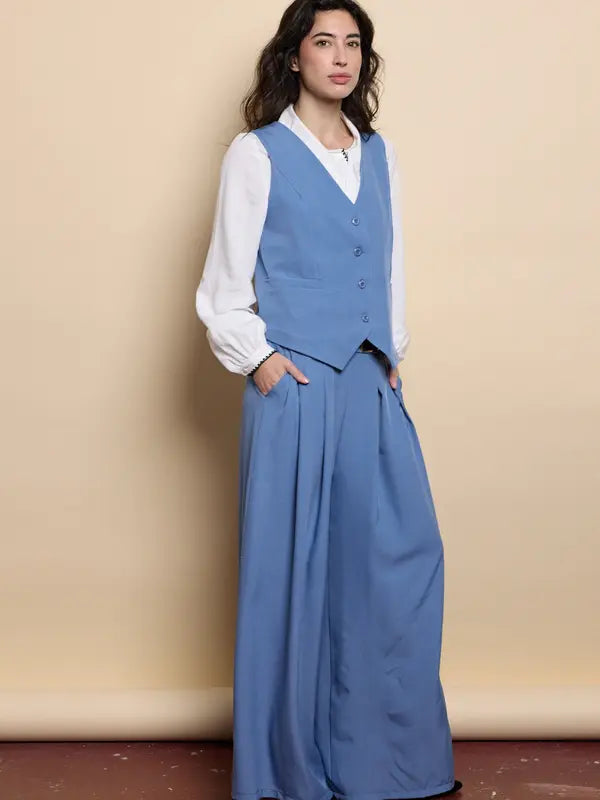 Tailleur pour femme, style décontracté, veste sans manches, pantalon ample