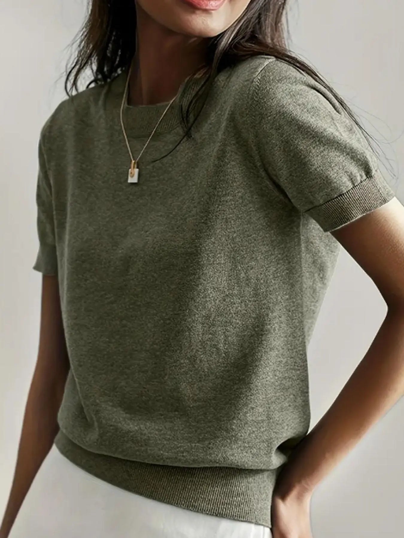 Women's Solid Color Crew Neck Short Sleeve Sweater, Casual Basic Knit Pullover for Spring & Fall, Fashion Women's Knitwear for Daily Wear, Womenswear