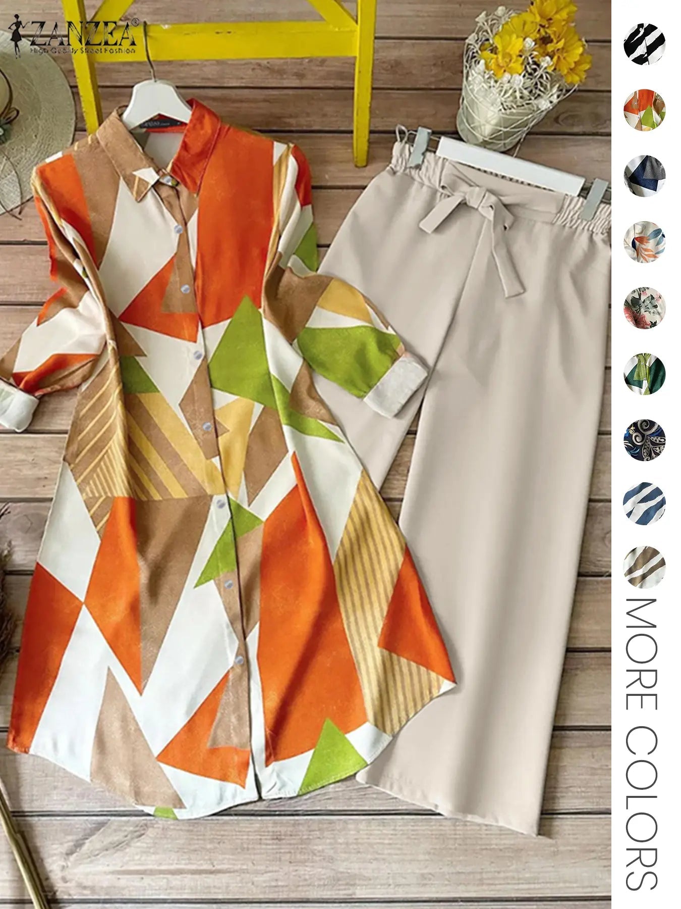 Ensemble deux pièces pour femme, chemise boutonnée à imprimé intégral et pantalon large, haut décontracté à manches longues et col, pantalon pour un usage quotidien, vêtements féminins pour toutes les saisons