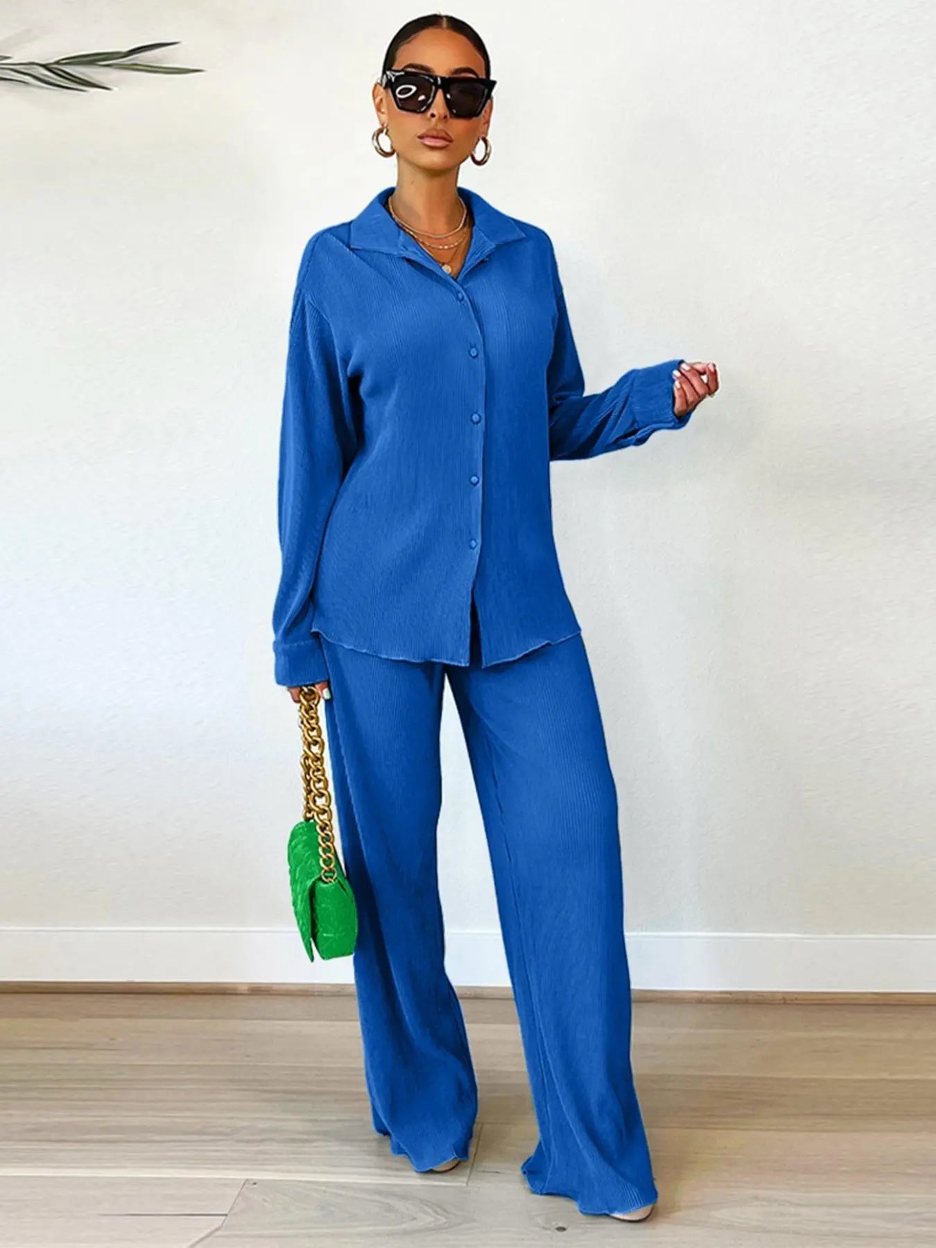 Ensemble deux pièces chemise unie boutonnée et pantalon taille élastique pour femme