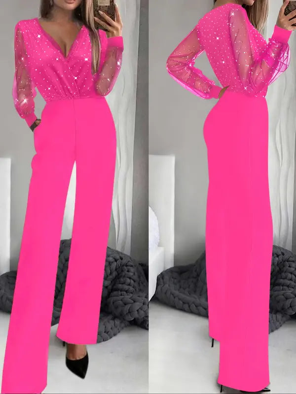 Combinaison pantalon femme printemps-automne, élégante et sexy, en maille noire et paillettes, col en V profond, manches longues, coupe amincissante et jambes larges.