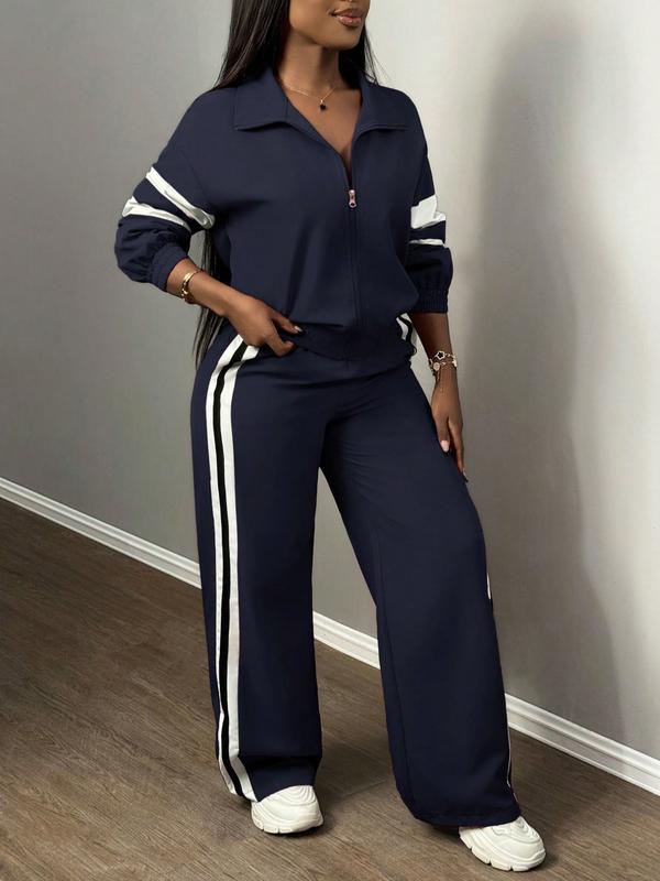 Ensemble Veste Zippée & Pantalon Large Rayé pour Femme, Style Urbain & Décontracté, Costume Deux Pièces pour Usage Quotidien