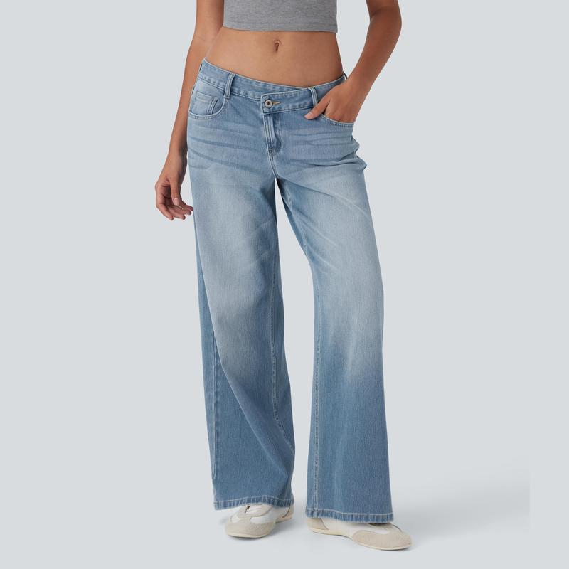 Jean décontracté baggy délavé coupe large à poches zippées asymétriques taille basse