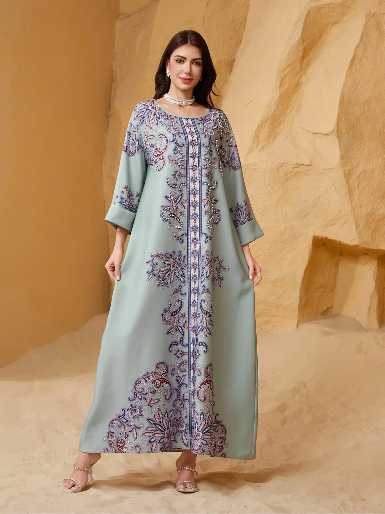 Robe longue bohème élégante pour femmes musulmanes, imprimé intégral, coupe ample, col rond, manches à revers, manches longues, toutes saisons