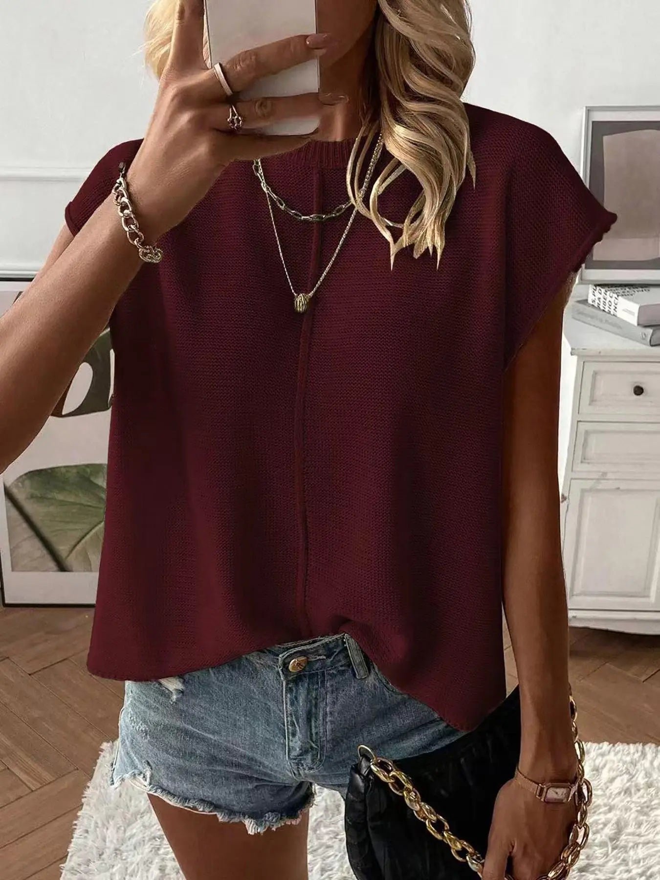 Gilet pull femme de couleur unie, haut tricoté décontracté à col rond pour l'été, tricot femme tendance pour le quotidien