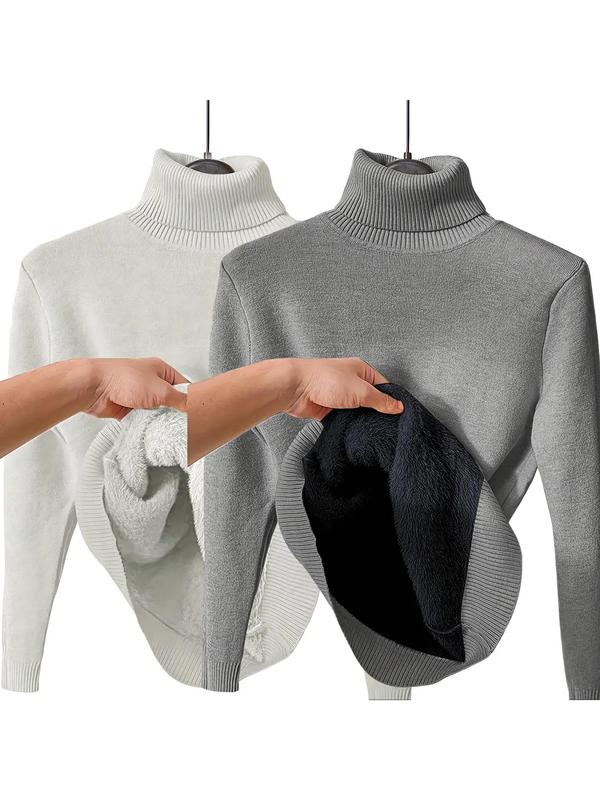 Pull en tricot uni doublé thermiquement à épaules tombantes et col montant pour femmes, pull décontracté à manches longues pour le quotidien en extérieur, haut en tricot pour femmes pour l'automne et l'hiver.