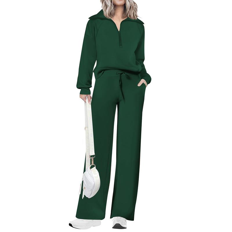 Ensemble de survêtement décontracté 2 pièces pour femme - Sweat-shirt à demi-zip et pantalon large avec cordon de serrage - Haut et pantalon de survêtement assortis pour le confort
